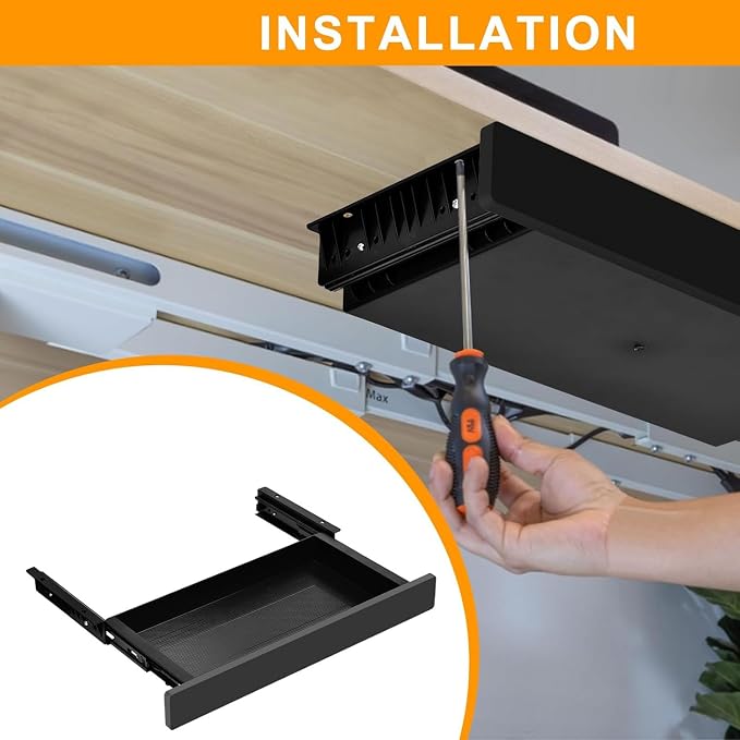 Under Desk Mounted Sliding Drawer to Pull Out, Attachable Desk Pencil Drawer with Ball-Bearing Slides, Metal and Plastic Storage Drawer (Black) - Image 6