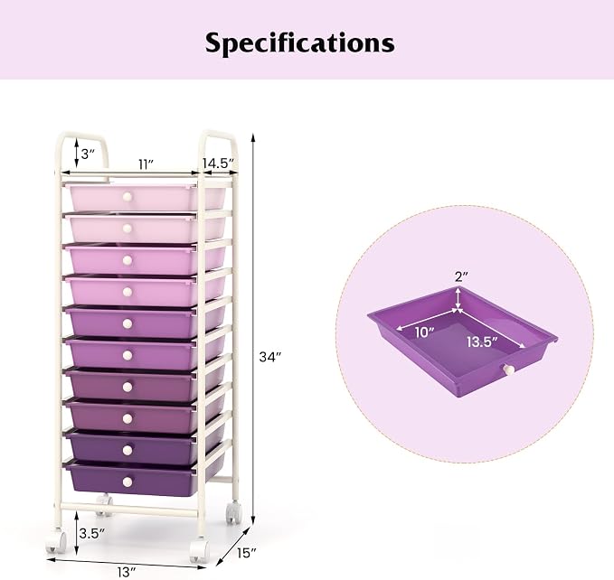 Giantex 10-Drawer Storage Cart w/Universal Wheel, Rolling Cart w/Handle, Home Organizer Storage Unit w/Removable Drawers, Trolley Utility Cart for Kitchen Makeup Living Room Office Play Room - Image 3