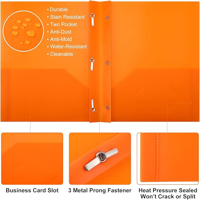 Cholemy 72 Packs Pocket Folders with Prongs Heavy Duty Plastic Folder with Business Card Slot 3 Prong Fasteners for School Office (Classic) - Image 3