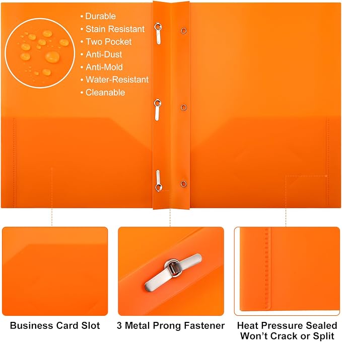 Cholemy 72 Packs Pocket Folders with Prongs Heavy Duty Plastic Folder with Business Card Slot 3 Prong Fasteners for School Office (Bright) - Image 3