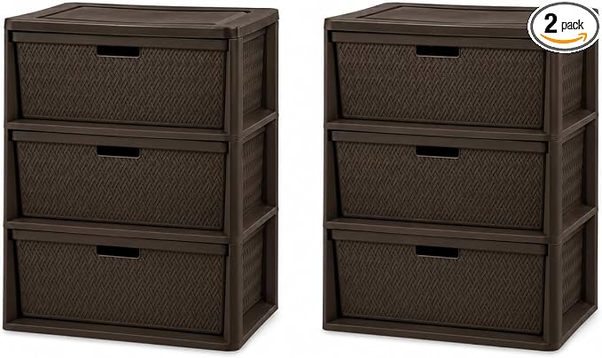 2 Pack,3-Drawer Storage Tower, Wide Plastic Organizer with Removable Bins | Decorative Weave Design, Tool-Free Assembly, Removable Bins, Carry Handles, Drawer Stops, BPA-Free by Unknown