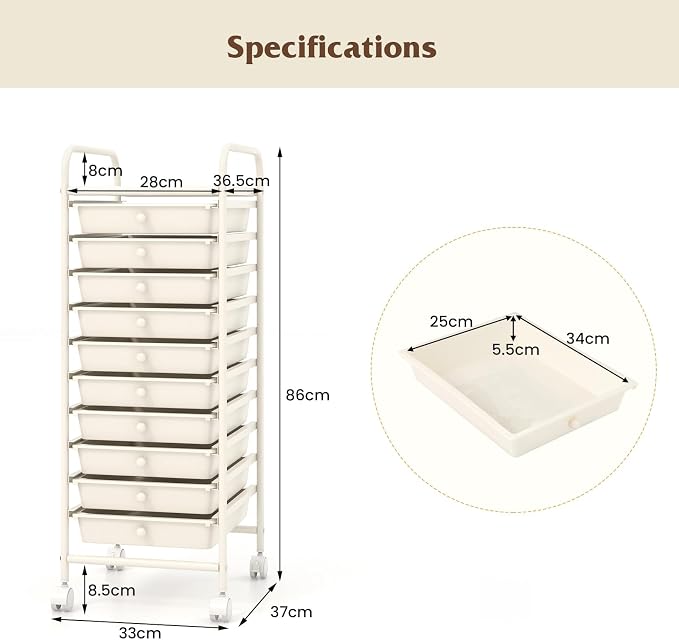 Storage Cart, Rolling Utility Cart with 10 Drawers, Portable Handles & Lockable Wheels, Mobile Paper Toys Storage Organizer Large Capacity for Home Office School Teacher (White) - Image 9