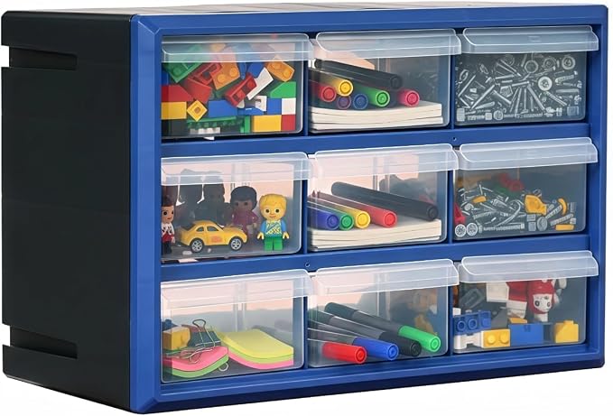 NORTHSKY 9-Bin Small Parts Cabinet, Stackable, Blue, 14.17 × 7.09 × 9.45 in 9 * Blue (9 Drawer & Clear) by NorthSky