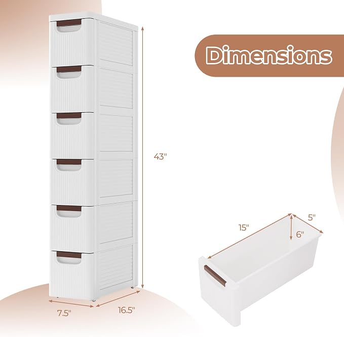 Giantex 6 Drawers Storage Cart, Narrow Plastic Dresser, Rolling Organizer Cart for Office Classroom Bedroom Bathroom Art Craft Supplies, Mobile Slim Utility Cart on Wheels (7.5"x16.5"x43") - Image 3