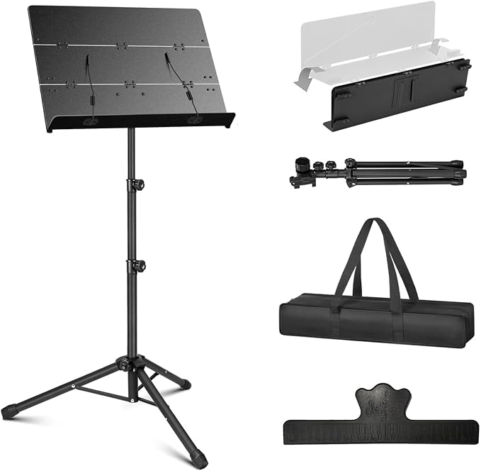 Portable Sheet Music Stand - 2 in 1 Dual-Use Folding Music Stand & Desktop Book Stand with Carrying Bag, Tri-fold Panel Metal Holder Adjustable Height with Music Sheet Clip Holder by QIAMBAMDAY