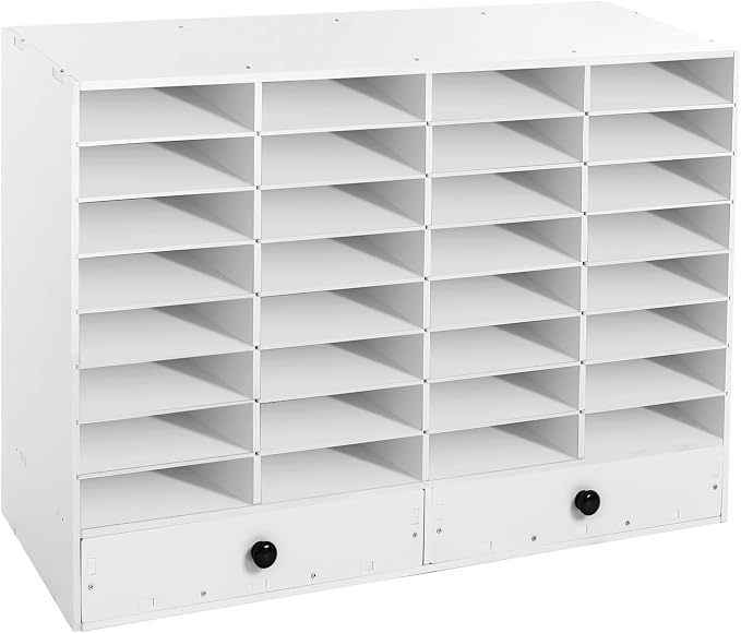 Literature Organizers, 32 Slots Compartment Adjustable File Sorter Mail Center Magazine Holder with 2 Drawer, Mail Organizer Letter Sorter for Counter, Paper Storage Cabinet Classroom Keepers by SNKOURIN