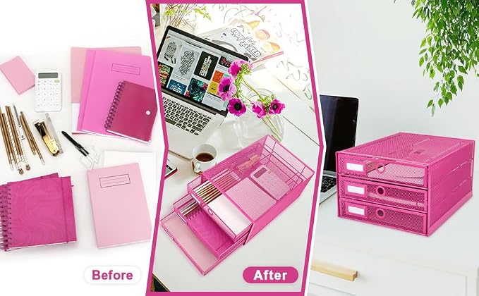 Exerz Paper Sorter 3 Drawer Wire Mesh A4 / Desk Multifunctional Desk Organiser/Multi-Layer Letter Tray - for Documents, Magazines, Notebooks and Letter (Pink) - Image 7