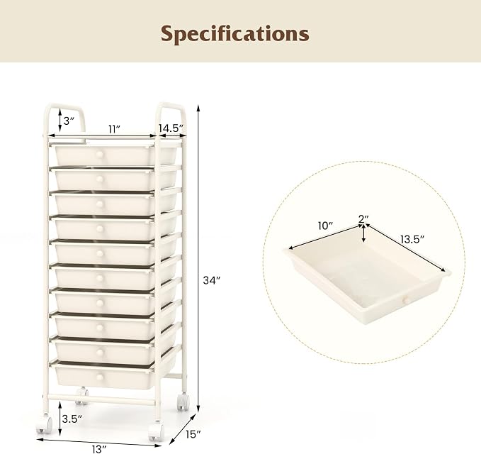 Giantex 10-Drawer Storage Cart w/Universal Wheel, Rolling Cart w/Handle, Home Organizer Storage Unit w/Removable Drawers, Trolley Utility Cart for Kitchen Makeup Living Room Office Play Room, Ivory - Image 3