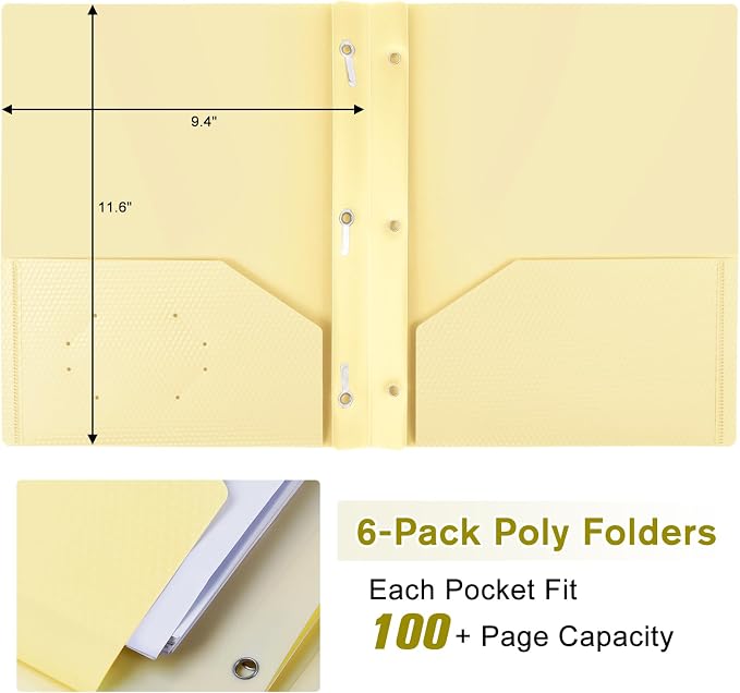 6-Pack Plastic andPockets and Prongs,2-Pocket and3 Fasteners, Pastel Folders Holds 8-1/2" x 11" Paper for School/Office/Home, Yellow - Image 4