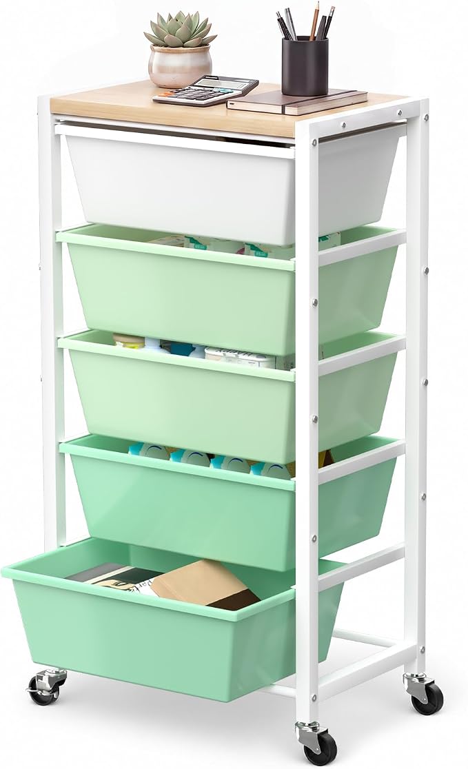 Rolling Cart with 5 Drawers, Plastic Drawer Storage Carts with Wheels & Wooden Tabletop, Metal Utility Cart for Office Bedroom Living Room Classroom, Craft Organization and Storage, Green by TimeForest