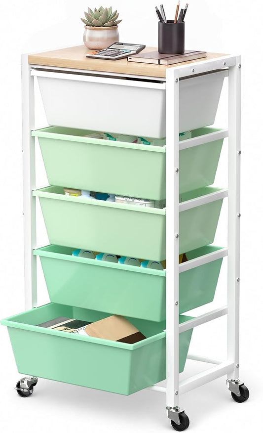 Rolling Cart with 5 Drawers, Plastic Drawer Storage Carts with Wheels & Wooden Tabletop, Metal Utility Cart for Office Bedroom Living Room Classroom, Craft Organization and Storage, Green by TimeForest