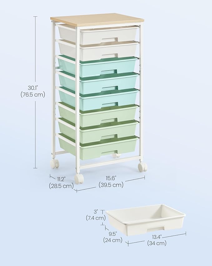 VASAGLE 8-Drawer Rolling Storage Cart, Utility Cart with Wheels and Wood Top, Craft Organizer for Office and Home, 15.6 x 11.2 x 30.1 inch, Green and White, Benco Collection ULRC006C101 - Image 3