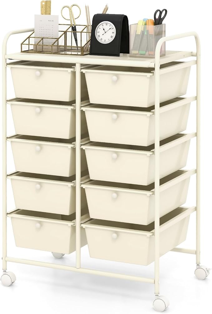 Moccha Rolling Cart with 10 Drawers - Storage Drawers Organizer with wheels for Craft Art Supply Paper Salon, Multipurpose Movable Utility Cart for Teacher Classroom, White by LDAILY