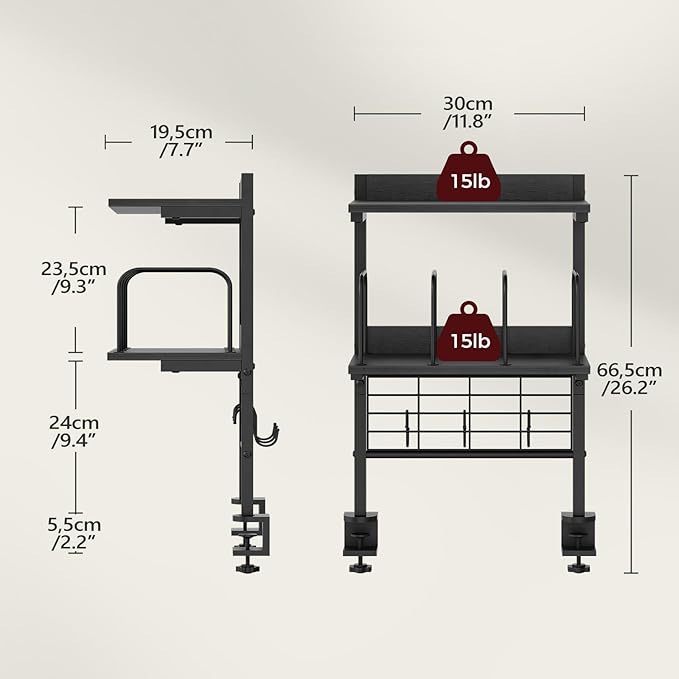 MAHANCRIS Clamp on Desk Shelf, 2 Tier Desk Storage Organizer, Desktop Bookshelf with Hooks and Divider, Desk Accessories for Study and Gaming Room, Black DSBK4501 - Image 2