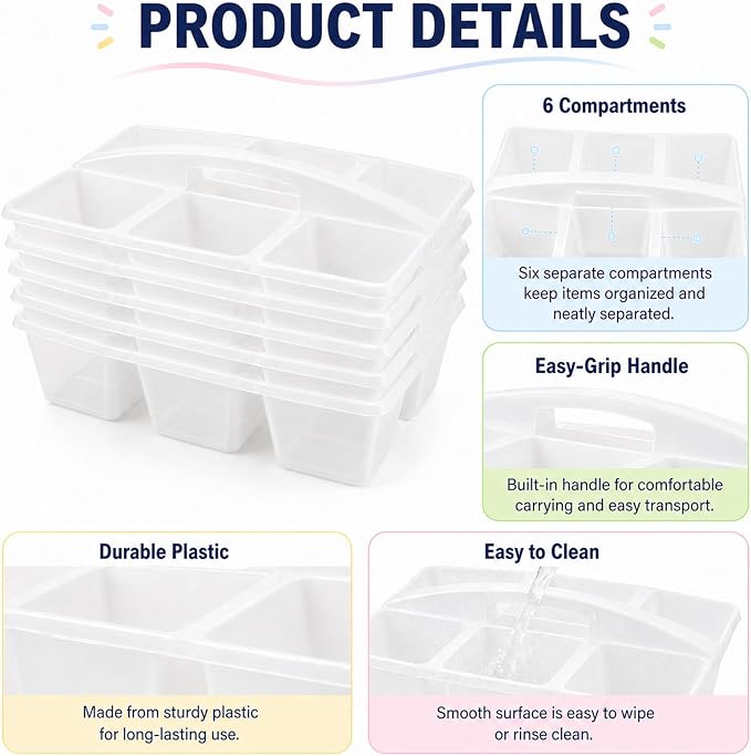 6 Pack Assorted Colors 6 Compartment Classroom Caddy with Handle Portable Plastic Storage Classroom Caddies Organizer for Classrooms Supply Teacher Office Table Desk(Clear) - Image 3