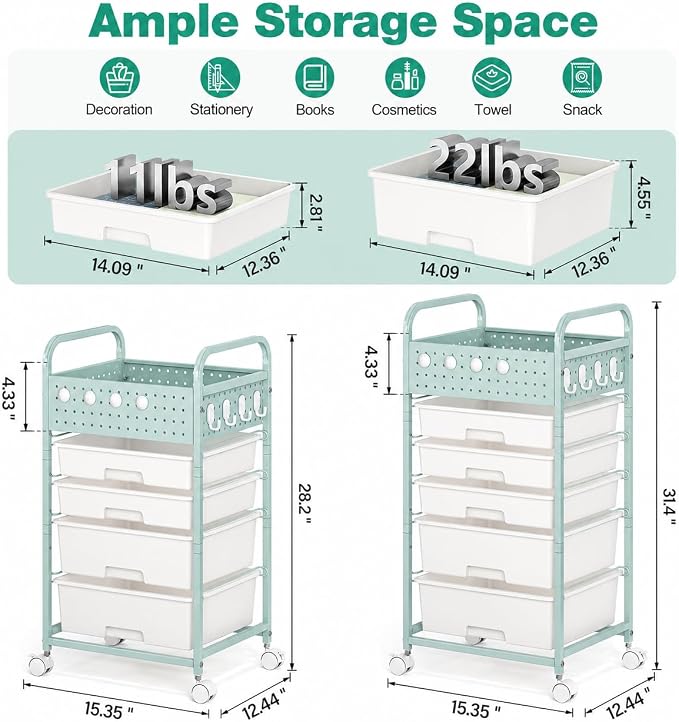 5 Drawer Rolling Storage Cart with Pegboard Top and Hooks, Green | Mobile Utility Organizer with Wheels for Office Supplies, Craft Storage, Classroom Organization, Home Storage Cart - Image 2