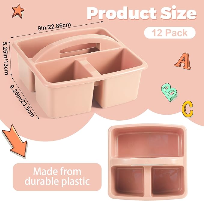 Lineshading 12 Pcs Classroom Caddy with 3 Compartment - Multipurpose Portable Plastic Storage Table Caddies with Handles for School Home Office Organizer(Flesh Pink) - Image 2