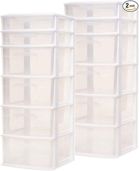 HOMZ 2-Pack Drawer Tower, 6-Tier Clear Plastic Storage Organizer Cart, White Frame - Heavy-Duty Organizing Drawers for Home, Bedroom, and Closet Organization by Homz