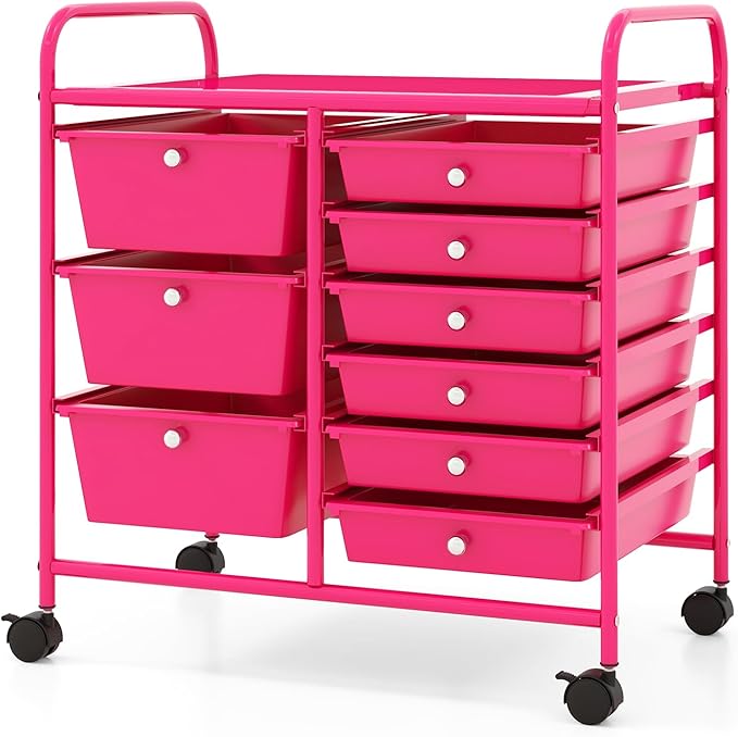 COSTWAY Rolling Storage Cart with 9 Drawer, Utility Cart with Metal Frame | Mobile Art Supply Craft Organizer, Multipurpose Storage Organizer for Paper, Office, School Teacher, Classroom, Hot Pink by COSTWAY