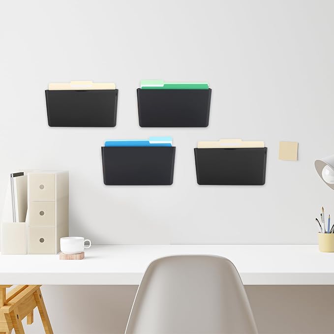 4 Pack Black Single Pocket Hanging File Organizer, Plastic Wall Mount Paper Mails Magazines Holder, Mounted Folder Bins for Office, School and Home, 12.99x4.13x7.48 inches - Image 4