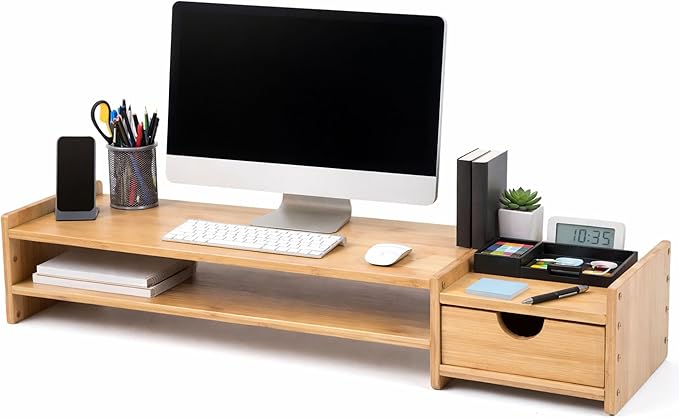 Bamboo 2-Tier Monitor Stand Riser with Drawers, Desktop Organizer for Laptop, Computer, Printer, Cellphone - Reduce Neck & Eye Strain, Office & Home Use by HYNAWIN