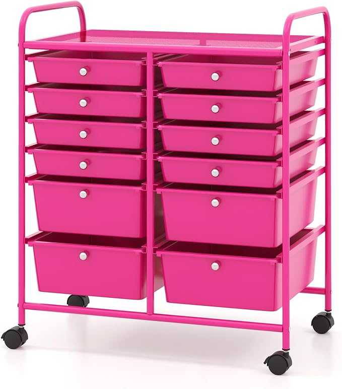 Moccha 12-Drawer Rolling Storage Cart - Utility Cart on Wheels with Lockable Casters for Craft Art Supply Paper Salon, Mobile Drawer Carts for Classroom Teacher School Office (Hot Pink) by LDAILY