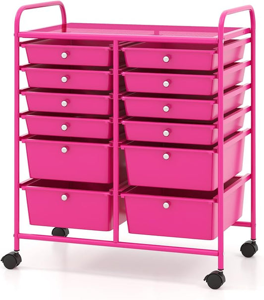 Moccha 12-Drawer Rolling Storage Cart - Utility Cart on Wheels with Lockable Casters for Craft Art Supply Paper Salon, Mobile Drawer Carts for Classroom Teacher School Office (Hot Pink) by LDAILY