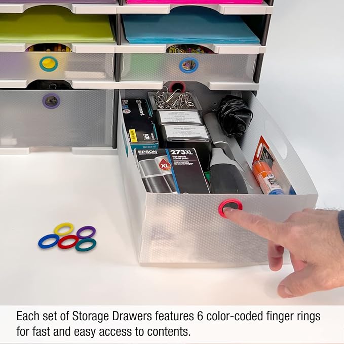 Ultimate Office TierDrop Storage Drawers, 9w x 12d x 4.75h, Set of 3, Clear | Color-coded finger rings for easy access to contents; stores desk accessories and supplies; designed for TierDrop organizers - Image 5