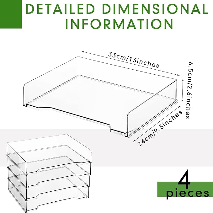 DoubleFill 4 Pcs Stackable Letter Tray Rectangular Plastic Desk Organizer 13 x 9.5 x 2.6 in Paper Holder File Tray Accessories Rack for Desktop Office Desk Drawers (Clear) - Image 2