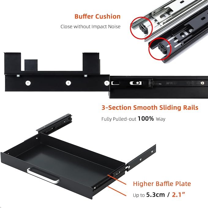 Under Desk Drawer 21" with 4 Divider Trays, Storage Drawer Organizer | Black, Under Counter, Desk Accessory, Attachable for Workbench, Adjustable Brackets, for Desk Lip with Crossbar, Clamp Mount - Image 6