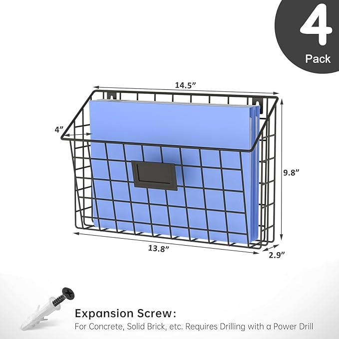 X-cosrack 4-Tier Hanging Wall File Holder Vertical Wall Mount Metal Wall File Organizer with Tag Slot Document Magazine Rack Mail Organizer for Office Home, Black - Image 4