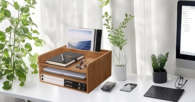 DDYURI 3 Tier Desktop Letter Tray for Office Desk Organizer and Accessories - Wood File Folder Holder for Paper Document Organizer Mail Sorter Workspace Counter Storage Book Shelf Light WJJ3K-LT - Image 4