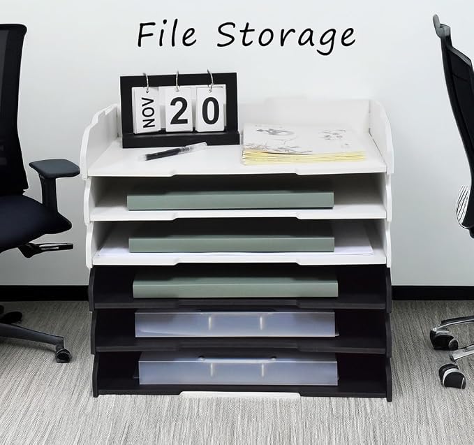 18.31" W × 12.68" D × 8.66" H Large Capacity Desktop File Organizer, Sturdy Stackable Wood Paper Sorter, Premium Letter Document Mail Storage Holder – Black & White（3 Tier-Horizontal） - Image 6