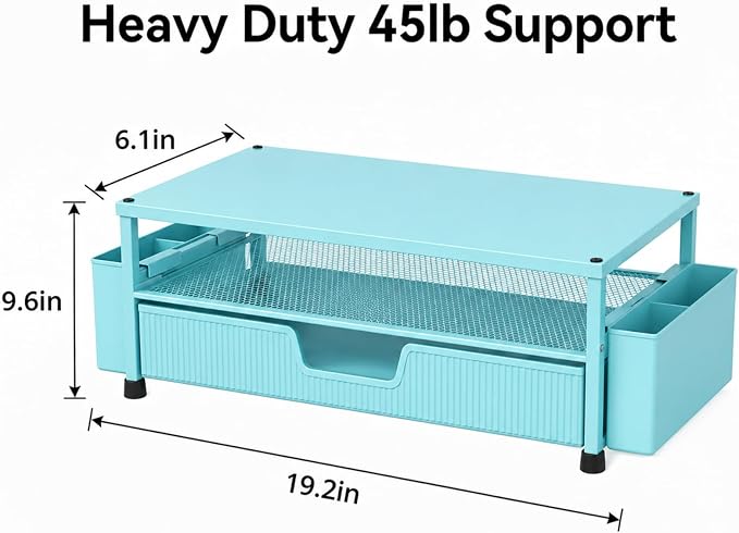 ECOLOVI Desk Organizer and Accessories, 2-Tier Computer Monitor Stand Rise with Storage Drawer & 2 Pen Holders, Laptop & Printer Stand for Desktop, Workspace Organizers for Office Supplies (Blue) - Image 5