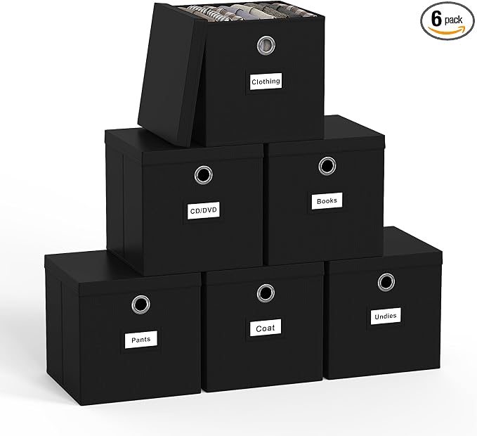 Pezin & Hulin Fabric Storage Cubes with Lids, 6-Pack, 11x11x11 in, Black | Collapsible Fabric Bins for Closet, Foldable Stackable Organizer Boxes with Label Cards by PezinHulin