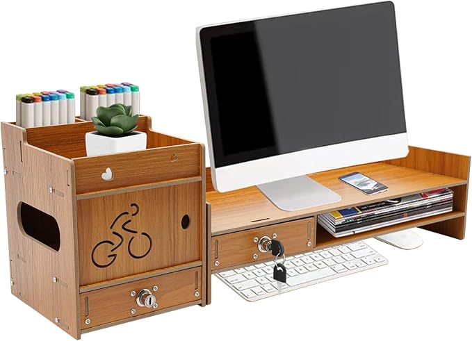Desktop Monitor Stand, Computer Monitor Stand for Desk, Monitor Riser with Drawer, Desk Monitor Stand Underneath Storage for Office (Cherry Wood Color) by EcoTypee