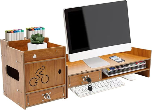 Desktop Monitor Stand, Computer Monitor Stand for Desk, Monitor Riser with Drawer, Desk Monitor Stand Underneath Storage for Office (Cherry Wood Color) by EcoTypee