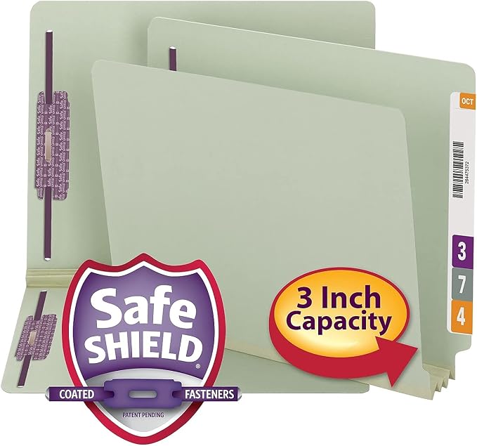 Smead End Tab Pressboard Fastener File Folder with SafeSHIELD Fasteners, 2 Fasteners, 3" Expansion, Letter Size, Gray/Green, 25 per Box (34725) - Image 7