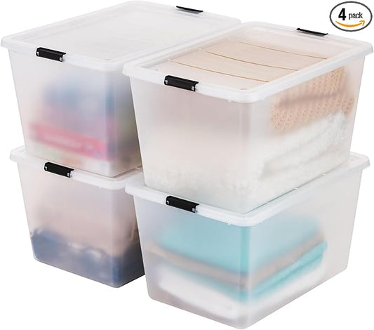 IRIS USA 4-Pack 55 Quart Clip Box with Latching Lid | Latching lid secures office and household supplies. Stackable, nestable design maximizes storage space by IRISUSA