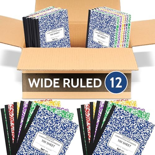 12 Pack - EPI Wide Ruled Composition Notebook Assorted Marble Colors - 200 Pages (100 Sheets), 9-3/4 x 7-½ - Classroom Back to School Supplies, Heavy Duty, Durable Hardcover Office Notebooks, Sewn by EPI