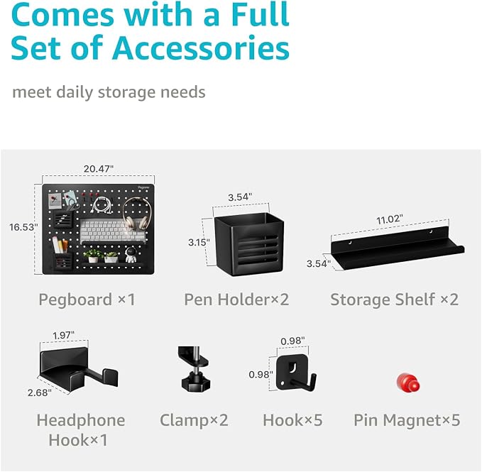 Clamp on Desk Pegboard, 20.4" x 16.5", with 15 Accessories, Black | Magnetic Metal Peg Board, Desk Organizer for Office Gaming Home, Privacy Panel, Large - Image 2