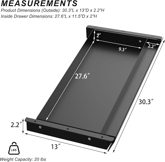 Large Under Desk Mounted Sliding Drawer with Pencil Tray and 60 Degree Tilt Panel to Pull Out, 30'' Long & 13'' deep Large Storage Organizer for Sit Stand Workstation - Image 3