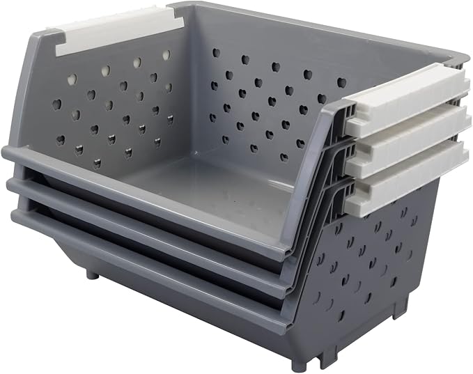 3 Pack Gray Large Stacking Basket Bin, Open Front Storage Baskets | Stackable - Image 8