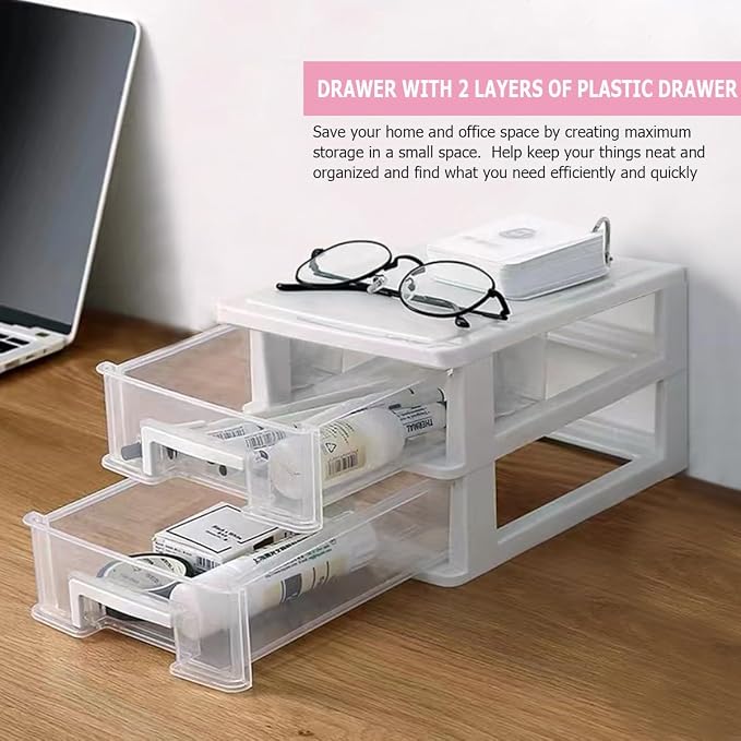 Plastic Desk Organizer,Desk Storage Box with 2 Drawers,Cosmetics Jewelry Storage Box Multifunction Storage Rack for Office School Home（White） - Image 4