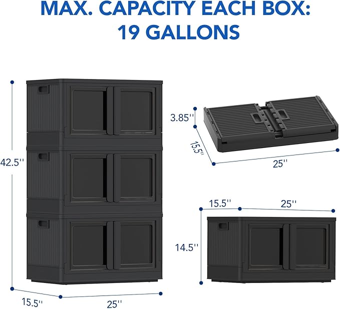 FLEXIMOUNTS 228 QT Stackable Plastic Storage Bins With Lids, Black | Collapsible Foldable Storage Bins with Front Doors and Built-in Wheels, Organizers and Storage for Home, Dorm, 3 Pack Cubes - Image 8