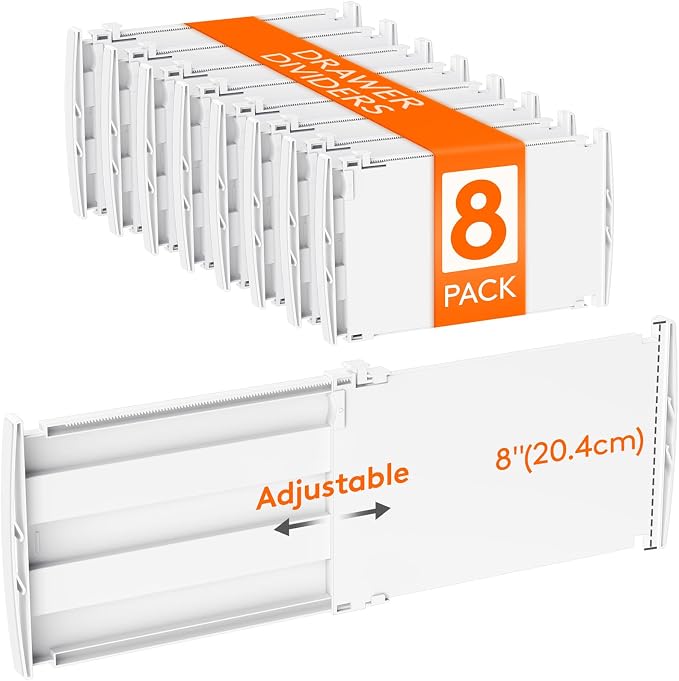 Lifewit 8" Tall Drawer Dividers, Adjustable Deep Drawer Organizer Clothes | 8 Pack 13.8"-22.2" Expandable White Plastic Separators for Dresser, Kitchen, Cabinet, Closet, Office Organization & Storage by Lifewit