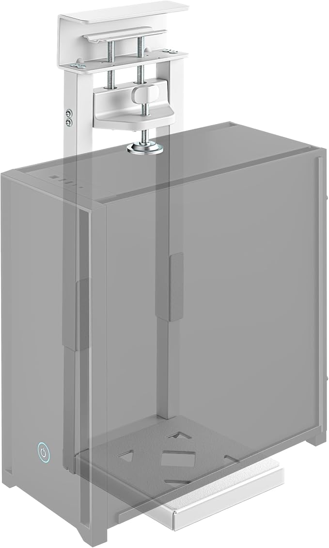monTEK Clamp-On Under Desk PC Mount, 16.1-25.6", 66 lbs, White | No-drill CPU holder, ventilated steel frame, adjustable fit and clamp-on installation for standing desks and home offices by monTEK