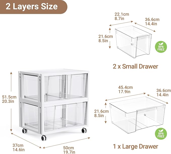 Stackable Storage Drawer Carts, Extra Large Bins 2 Tier 3 Drawers | Smooth Pull-Out Drawers, Clear Plastic Storage Organizer Container For Home Office Bedroom Bathroom Art Crafts Under Desk - Image 2