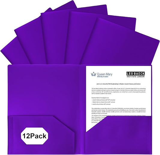 12-Pack Plastic Folders with Pockets,2-Pocket Poly Folders Holds 8-1/2" x 11" Paper for School/Office/Home, Purple by EEHZTSIOFFICE