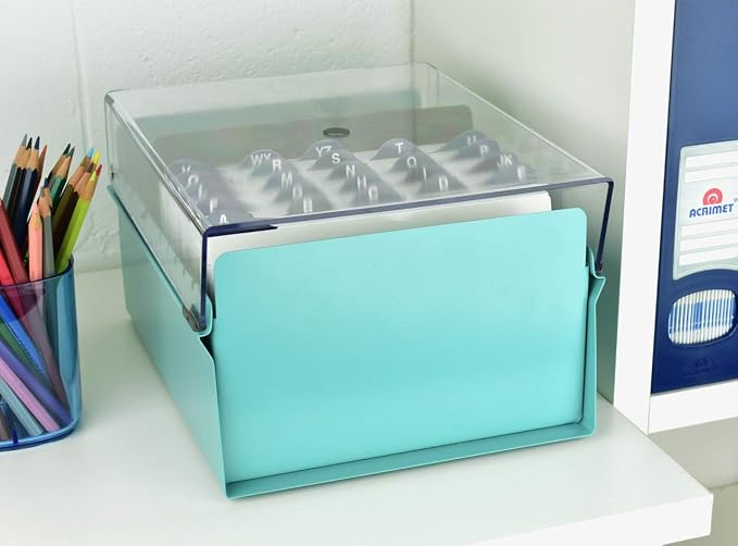 Acrimet 5 X 8 Card File Holder Organizer Box Metal Base Heavy Duty (AZ Index Cards and Divider Included) (Green Color with Clear Crystal Plastic Lid Cover) | With A-Z Index & Non-Slip - Image 4